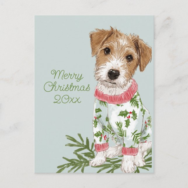 Puppy in Pajamas Blue Flat Holiday Postcard (Front)