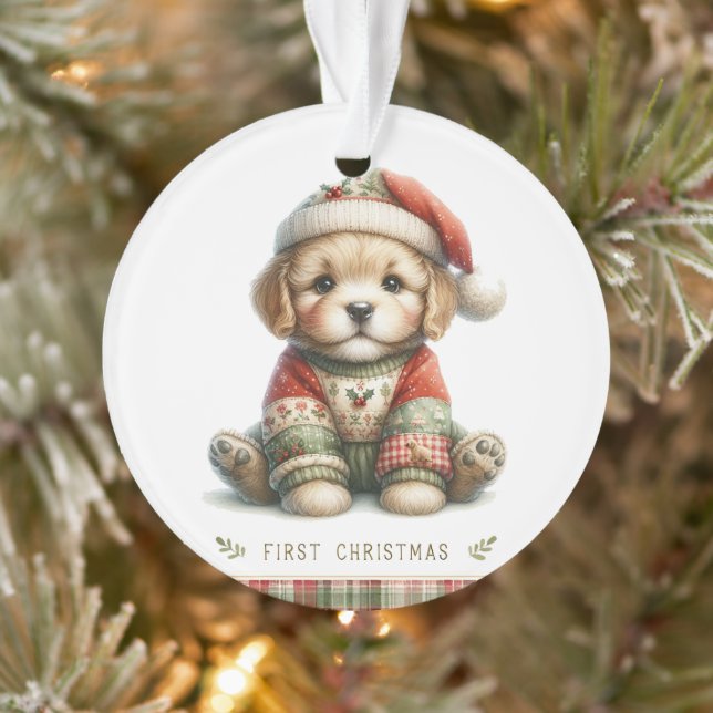 Puppy in Patchwork Sweater & Santa Hat Ornament (Tree)