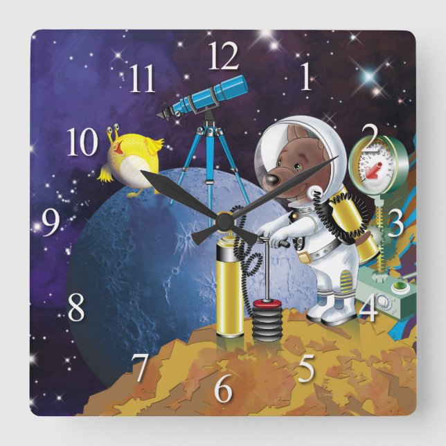 Puppy in space an alien with a telescope square wall clock (Front)