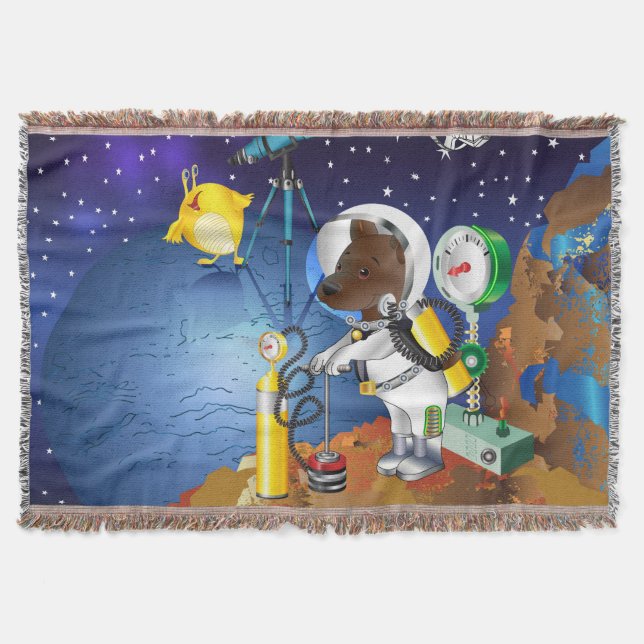 Puppy in space an alien with a telescope throw blanket (Front)