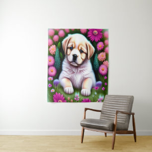 Puppy in the Garden Art Tapestry