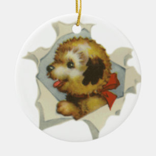 puppy in torn paper ceramic ornament