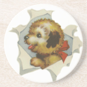 puppy in torn paper coaster