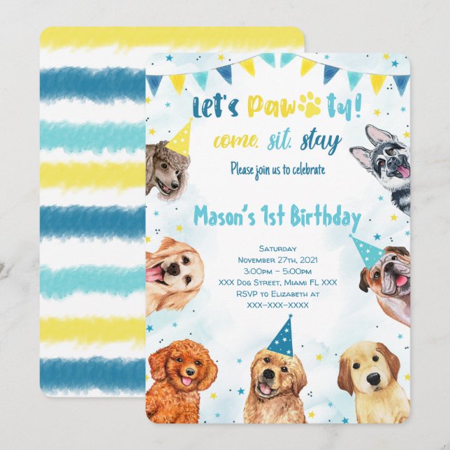 Puppy Invitation, Dog Birthday Invitation (Front/Back)