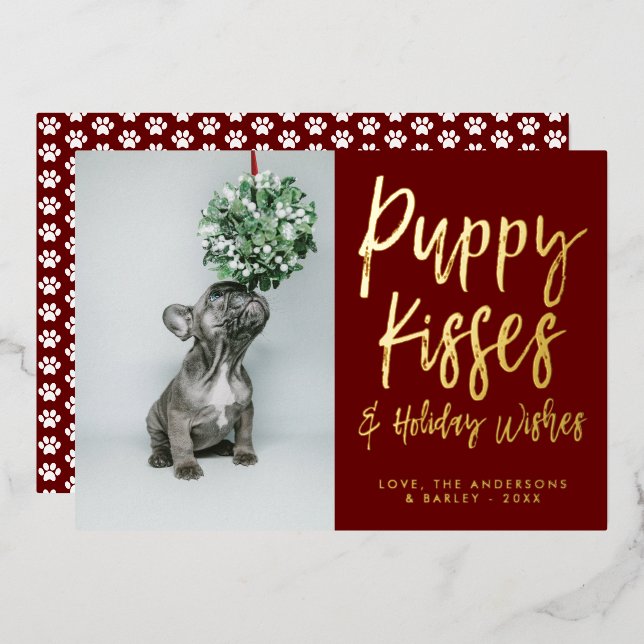 Puppy Kisses Paw Print Photo Foil Holiday Card (Front/Back)