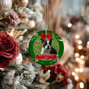 Puppy Kitten 1st Christmas Red Green Holly Berries Ceramic Tree Decoration