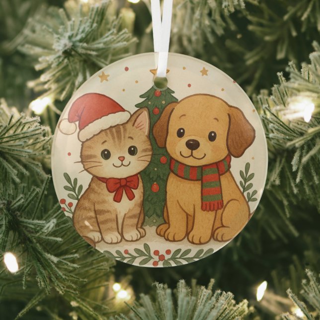 Puppy & Kitten Christmas Cheer Glass Tree Decoration (Insitu)