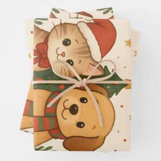 Puppy & Kitten Christmas Cheer Wrapping Paper Sheet