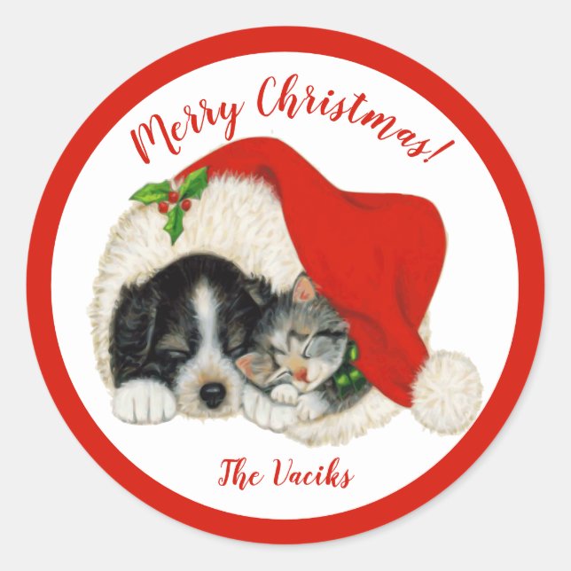Puppy & Kitten Merry Christmas Round Stickers (Front)