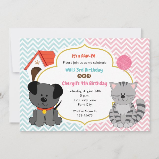 Puppy & Kitten Twins / Joint Birthday Invitations (Front)