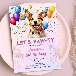 Puppy Lets Pawty Birthday Party Girl 5th Birthday Invitation