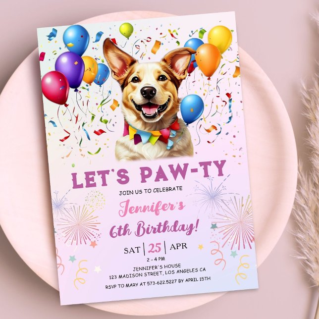 Puppy Lets Pawty Birthday Party Girl 6th Birthday Invitation (Creator Uploaded)