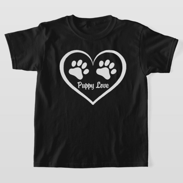 Puppy Love heart with paw prints on dark  T-Shirt (Laydown)