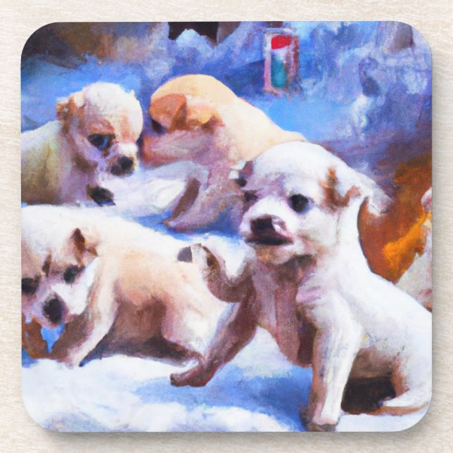puppy love in snow cute pups christmas  coaster (Front)