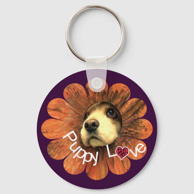 Puppy Love Peeking Out of a Flower Key Ring (Front)