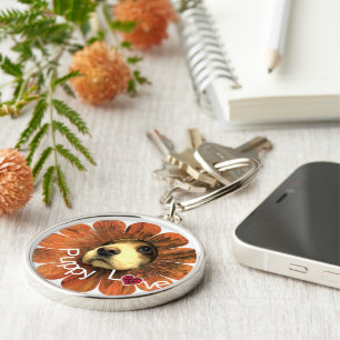 Puppy Love Peeking Out of a Flower Key Ring