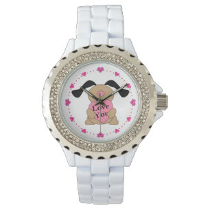 Puppy Love Women's Rhinestone White Enamel Watch