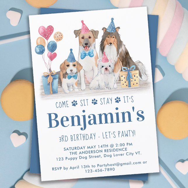 Puppy Party Dog Blue Boy Birthday Pawty Invitation (Creator Uploaded)