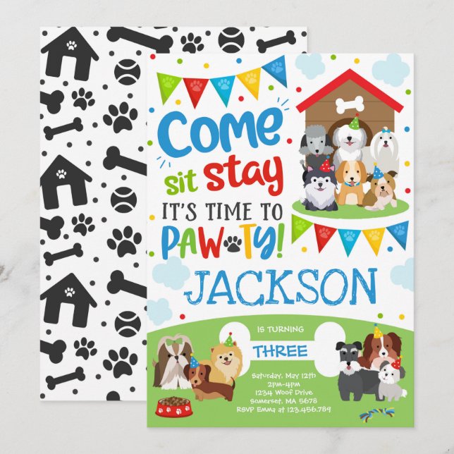 Puppy Party Invitation Doggy Birthday Pawty Boy (Front/Back)