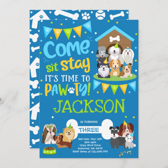 Puppy Party Invitation Doggy Birthday Pawty Boy (Front/Back)