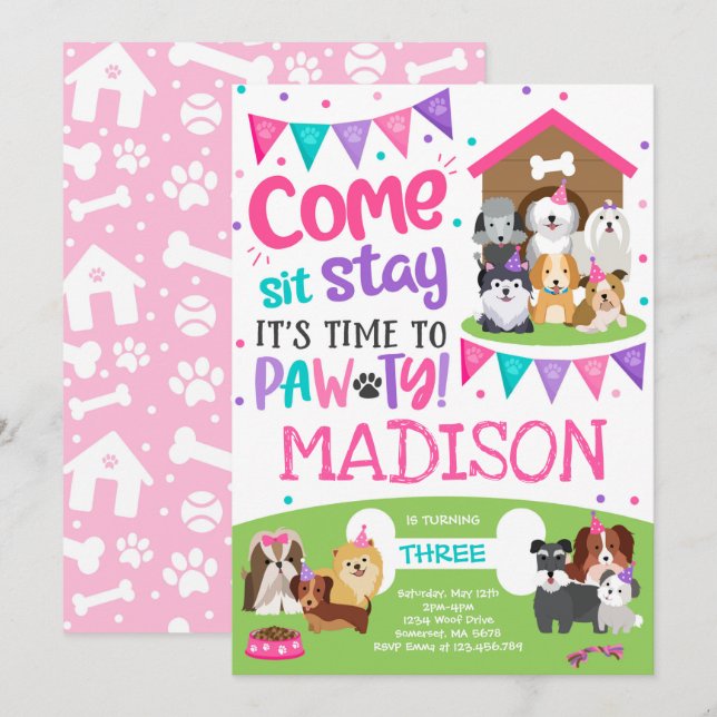 Puppy Party Invitation Pink Doggy Birthday Pawty (Front/Back)