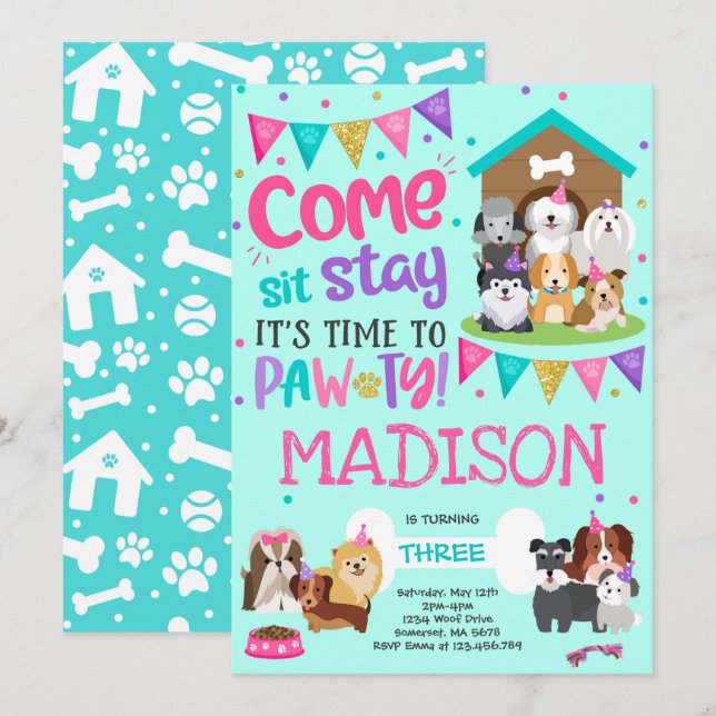 Puppy Party Invitation Pink Doggy Birthday Pawty (Front/Back)