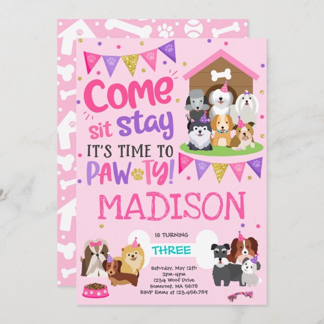 Puppy Party Invitation Pink Doggy Birthday Pawty (Front/Back)