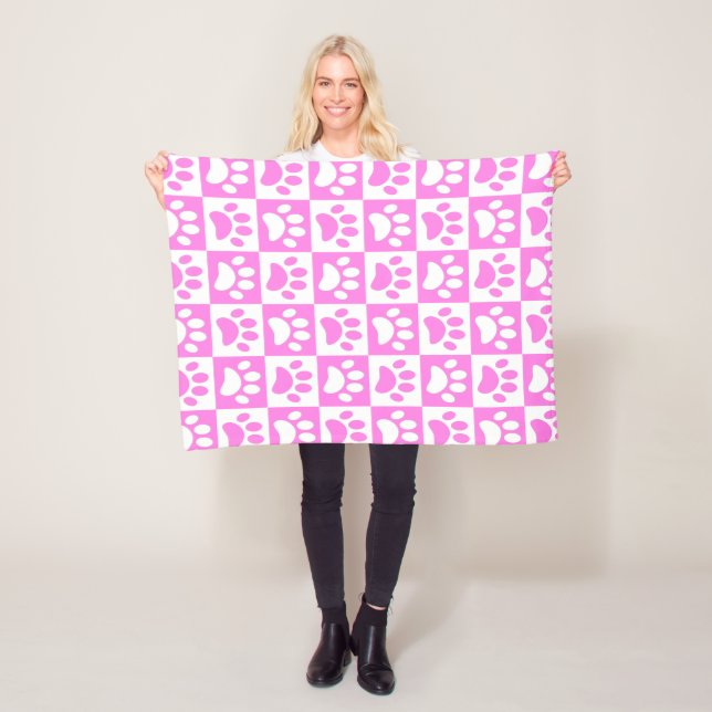Puppy Paw Prints In Pink And White Fleece Blanket (In Situ)