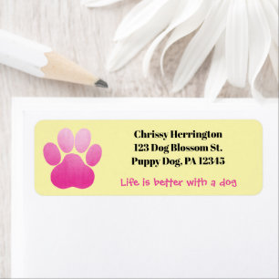 Puppy Pawprint Pink & Yellow Life Is Better Dog Return Address Label