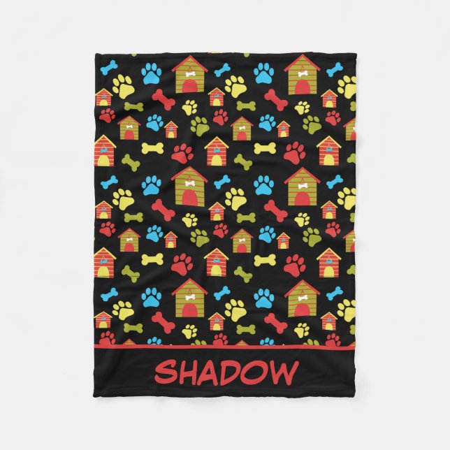 Puppy Paws and Bones Black Fleece Blanket (Front)