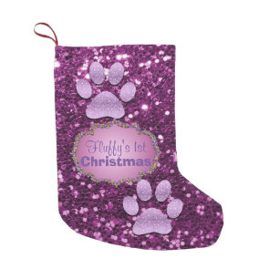 Puppy Paws Purple Faux Glitter Small Christmas Stocking