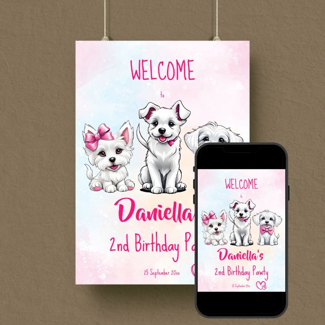 Puppy pawty cute white pink puppies welcome sign (Puppy pawty cute white puppies with pink bows welcome sign poster template digital download)