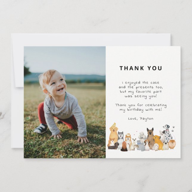 Puppy Pawty Dog Birthday Photo Thank You Card (Front)