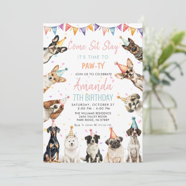 Puppy Pawty Dogs Birthday Invitation (Standing Front)