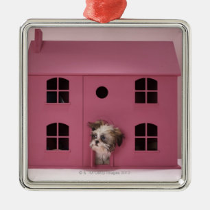 Puppy peering out of doll's house metal ornament