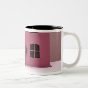 Puppy peering out of doll's house Two-Tone coffee mug