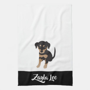 Puppy Personalizable Dog Name Black White Brown Tea Towel