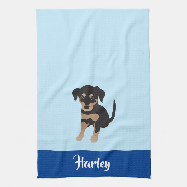 Puppy Personalizable Dog Name Blue Tea Towel (Vertical)