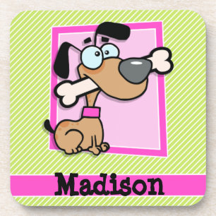 Puppy, Pink, Lime Green & White Stripes Coaster
