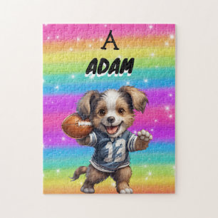 Puppy playing Football with Rainbows & Name Jigsaw Puzzle