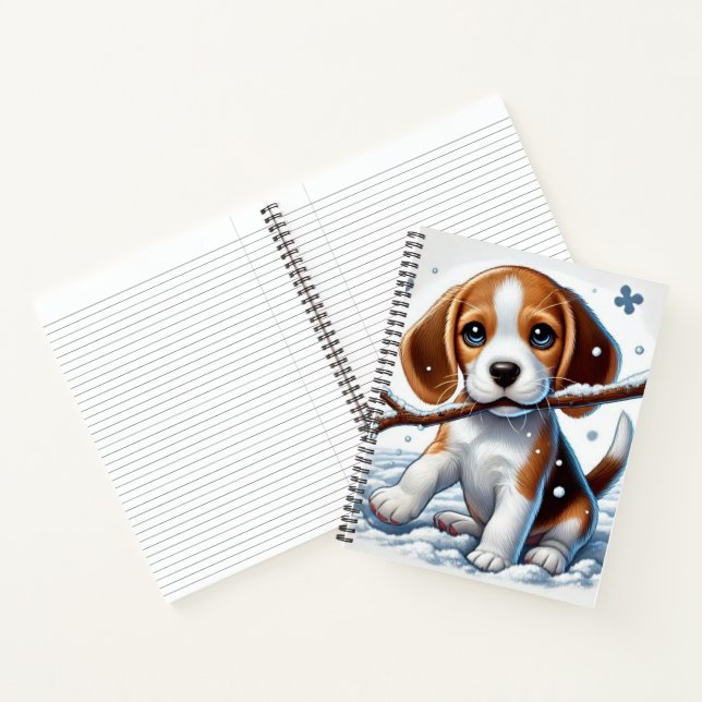 Puppy Playing in the Snow with a Stick in Winter Notebook (Inside)
