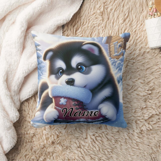 Puppy Playing With a Snow-Covered Winter Boot  Cushion (Blanket)