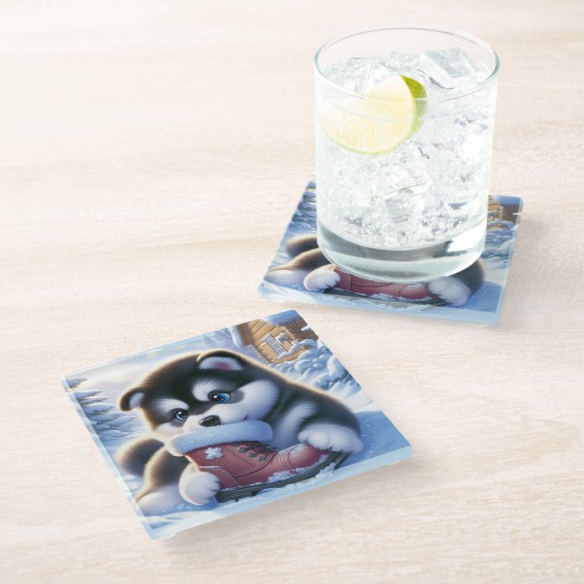 Puppy Playing With a Snow-Covered Winter Boot  Glass Coaster (Angled)