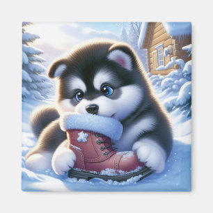 Puppy Playing With a Snow-Covered Winter Boot  Magnet