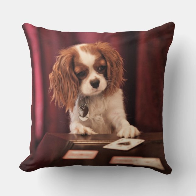 Puppy Plays Cards Cushion (Front)