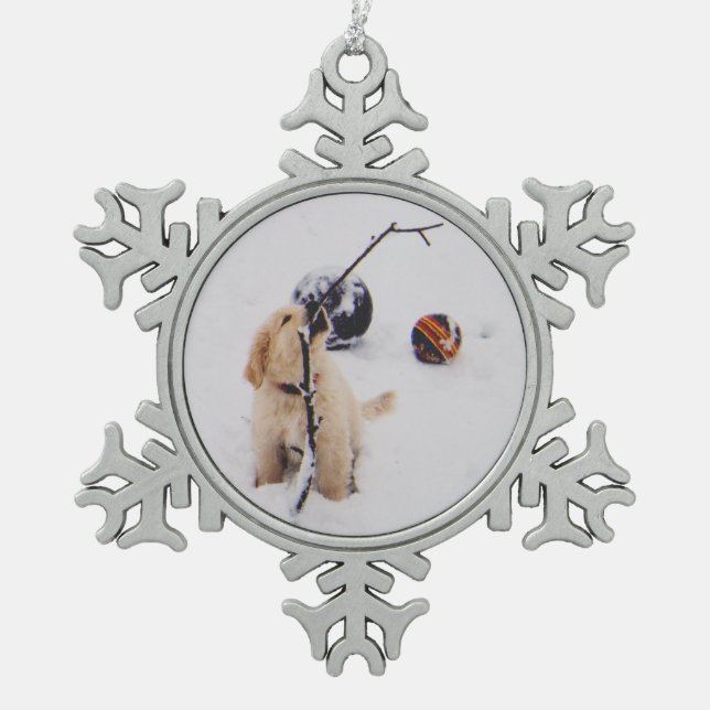 Puppy plays in the Snow Snowflake Pewter Christmas Ornament (Front)