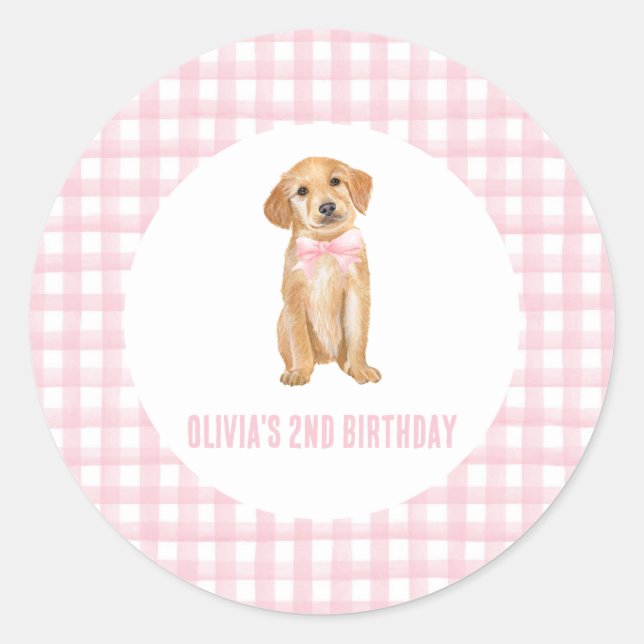 Puppy preppy pink plaid birthday classic round sticker (Front)