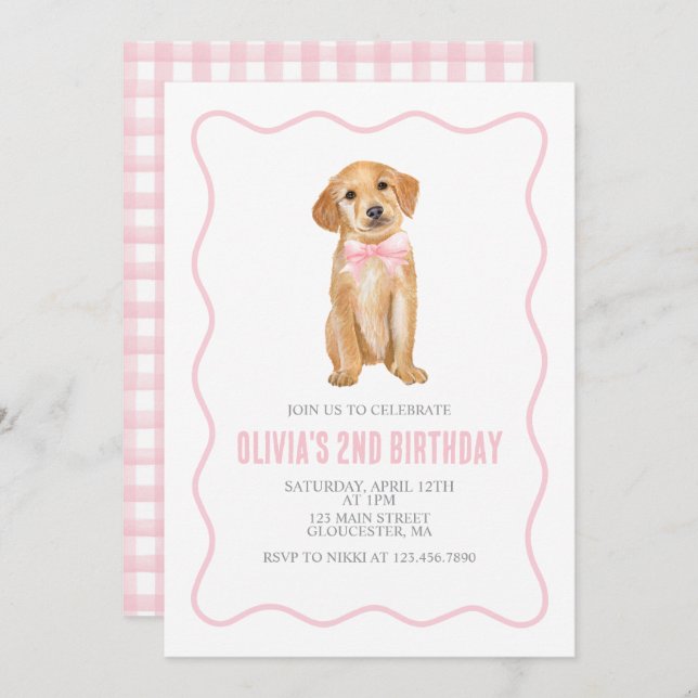 Puppy preppy plaid birthday invitation (Front/Back)