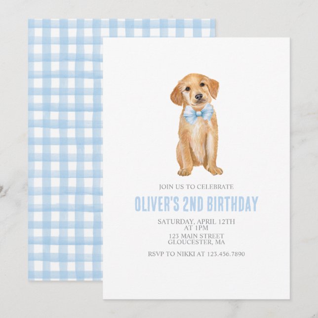 Puppy preppy plaid birthday invitation (Front/Back)