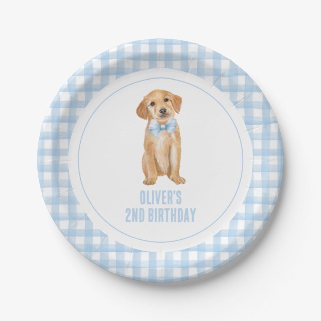 Puppy preppy plaid birthday paper plate (Front)
